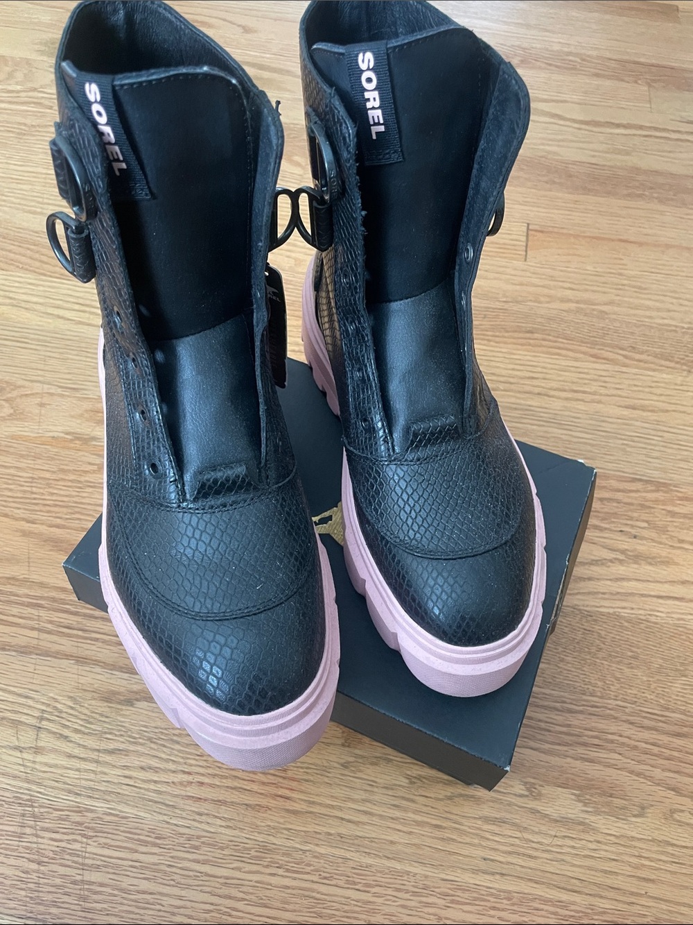 Sorel Women's Black Leather Combat Boots with Pink Platform